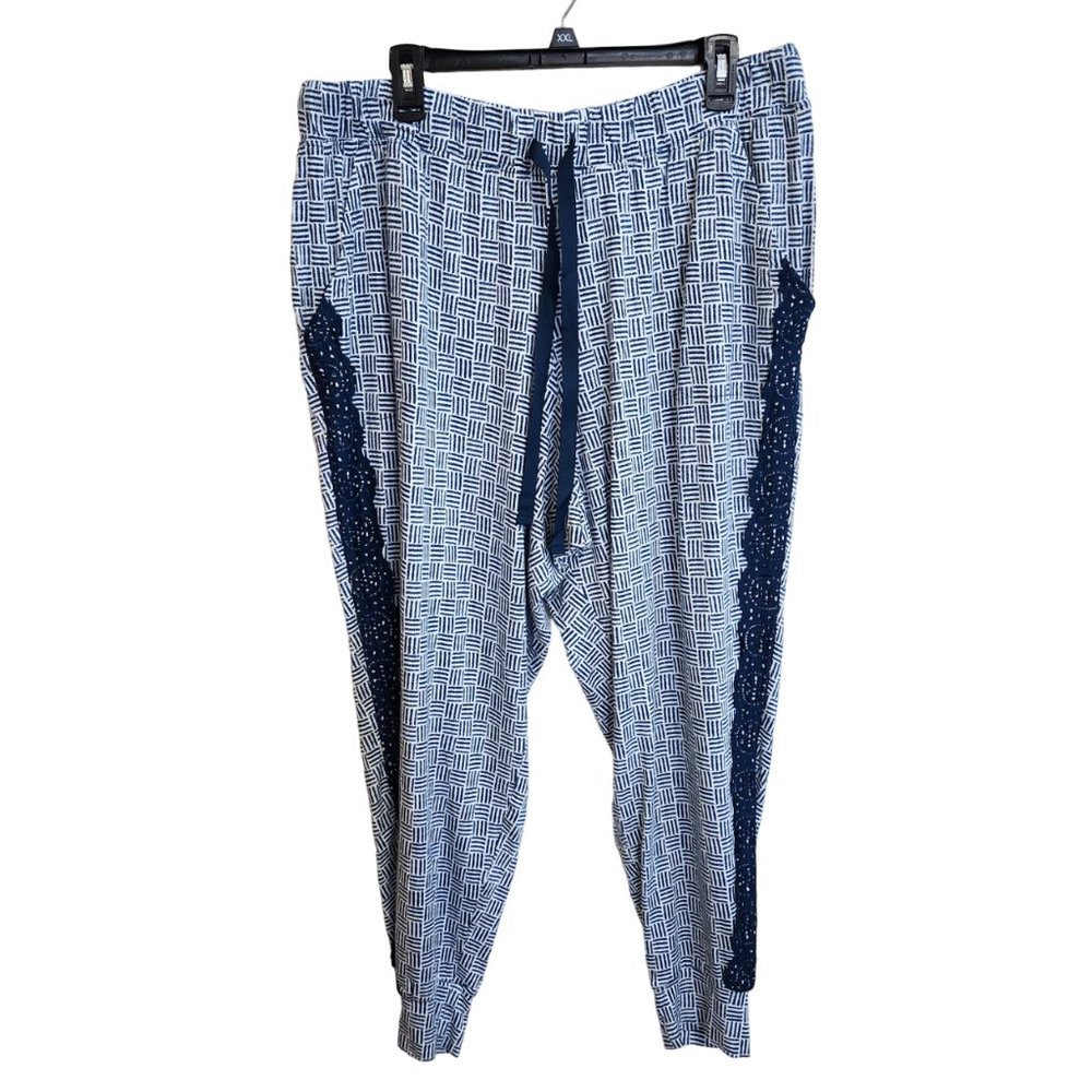 SLEEP by Cacique Blue & White Pajama Lounge Pants Jogger Hem w Lace Sz 18/20